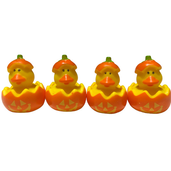 Set of 4 Mini Halloween Pumpkin Jack-o-lantern Rubber 1.75" Ducks Duckies Jeep - Picture 1 of 4